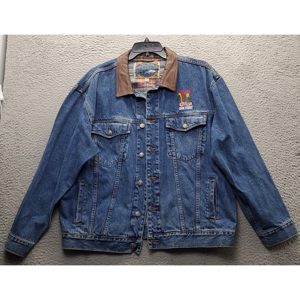 VTG 90s Upstream Jean Jacket Men XL Blue Kelloggs Corn Flakes Leather Collar EUC